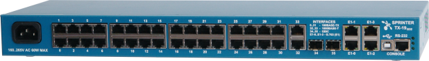Sprinter TX (32FE), 4 интерфейса Е1, 32 интерфейса Fast Ethernet, 2 интерфейса Gigabit Ethernet, 2 гнезда SFP (Gigabit Ethernet)