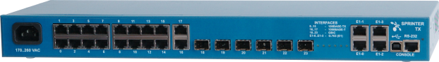 Sprinter TX (6SFP), 4 интерфейса Е1, 16 интерфейсов Fast Ethernet, 2 интерфейса Gigabit Ethernet, 6 гнезд SFP (Gigabit Ethernet)